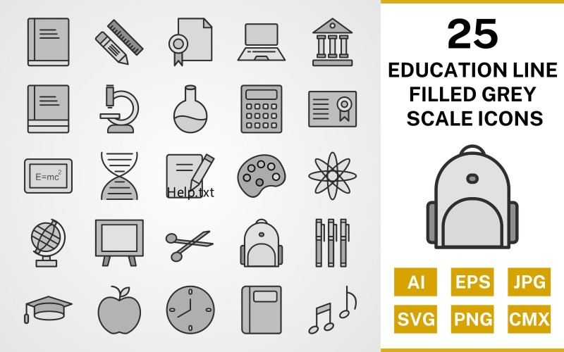 Download Набор иконок "25 Education Line Filled Greyscale Icon Set" / 25 Education Line Filled Greyscale Icon Set - Набор иконок на тему science set,file,icon,icons,line,filled,vector,sign,symbol,pictogram,greyscale,education,books,bagpack,notebook,flask,microscope,notes,markers,calculator