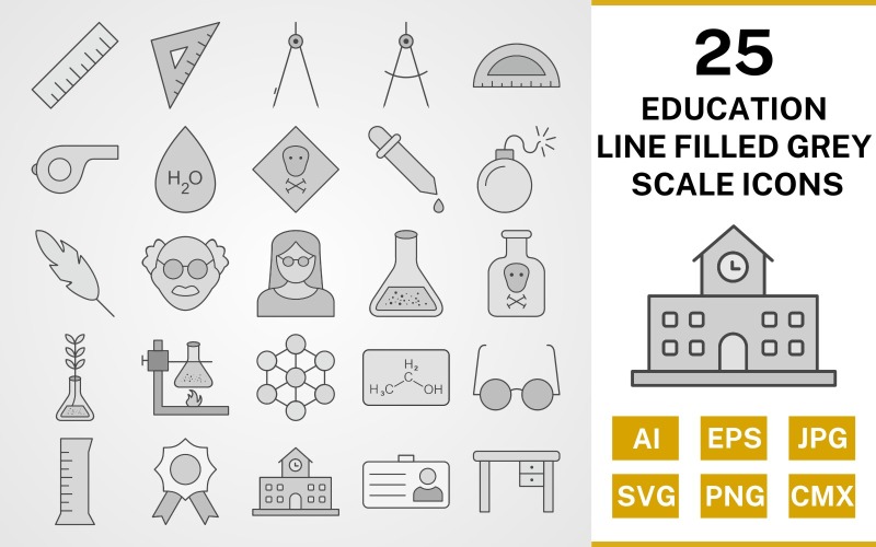 25 Eğitim Hattı Dolgulu Gri Tonlamalı Simge Seti