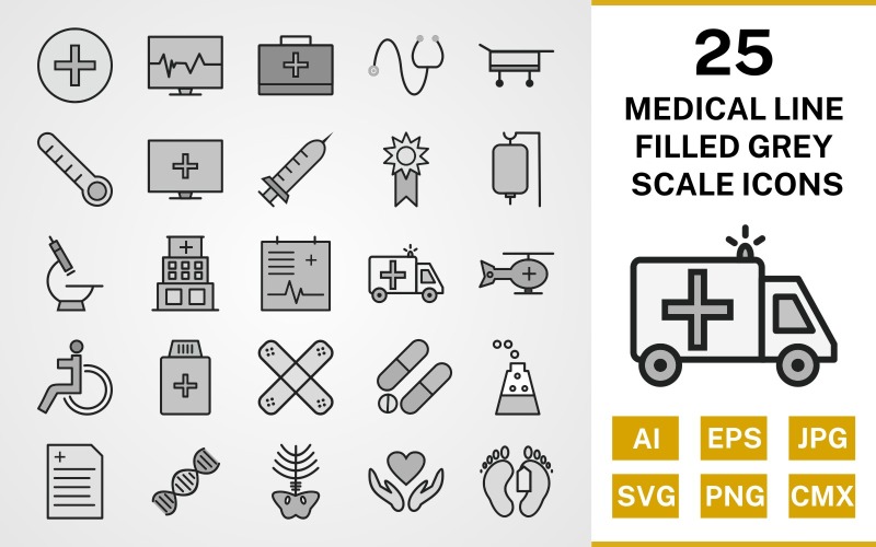 Ensemble d'icônes de 25 lignes médicales remplies en niveaux de gris