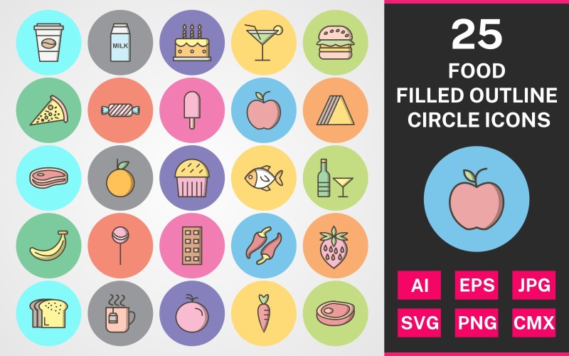 Download Набор иконок "25 Food Filled Outline Circle Icon Set" / 25 Food Filled Outline Circle Icon Set - Набор иконок на тему food set,file,icon,icons,round,corner,vector,sign,symbol,pictogram,line gradient,food,coffee,milk,snack,carrot,steak,orange,pizza,cake