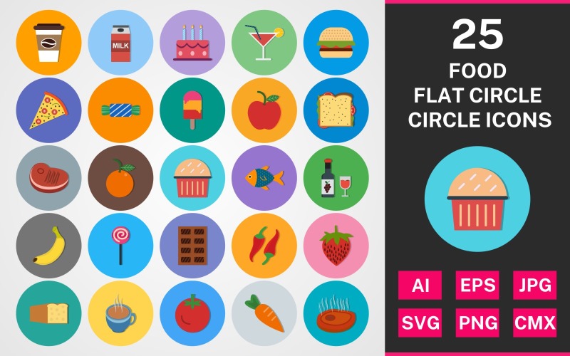 Download Набор иконок "25 Food Flat Circle Icon Set" / 25 Food Flat Circle Icon Set - Набор иконок на тему food set,file,icon,icons,round,corner,vector,sign,symbol,pictogram,line gradient,food,coffee,milk,snack,carrot,steak,orange,pizza,cake