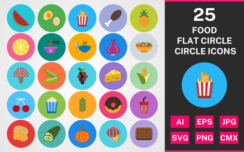 Download Набор иконок "25 Food Flat Circle Icon Set" / 25 Food Flat Circle Icon Set - Набор иконок на тему food set,file,icon,icons,round,corner,vector,sign,symbol,pictogram,line gradient,food,watermelon,salad,grapes,soup,egg,biscuit,frenchfries,cheese