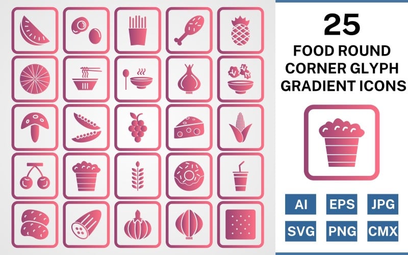Download Набор иконок "25 Food Round Corner Glyph Gradient Icon Set" / 25 Food Round Corner Glyph Gradient Icon Set - Набор иконок на тему food set,file,icon,icons,round,corner,vector,sign,symbol,pictogram,line gradient,food,watermelon,salad,grapes,soup,egg,biscuit,frenchfries,cheese