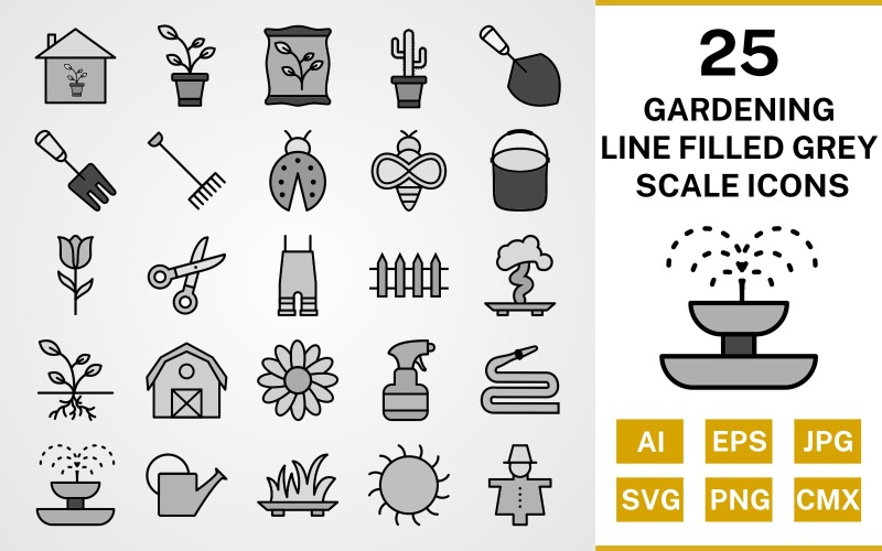 Download Набор иконок "25 Gardening Line Filled Greyscale Icon Set" / 25 Gardening Line Filled Greyscale Icon Set - Набор иконок на тему nature set,file,icon,icons,line,filled,vector,sign,symbol,pictogram,greyscale,gardening,sprout,pail,hose,barn,root,grass,watercan,trowel