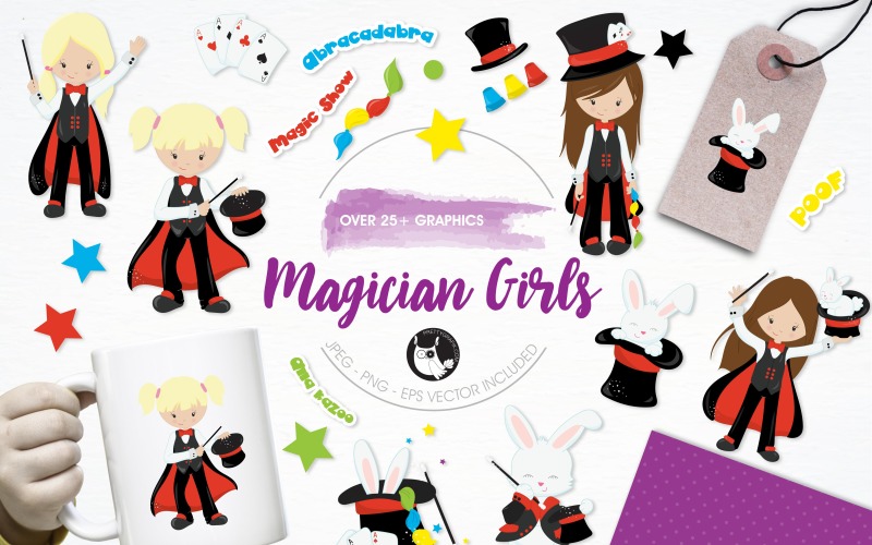 Download Vector "Magician Girls Illustration Pack - Vector Image" / Magician Girls Illustration Pack - Vector Image - Vector на тему графика illustration,vector,graphics,clipart,clip art,magic,icons,rabbit,trick,eps,wand,cards,prettygrafik,magician
