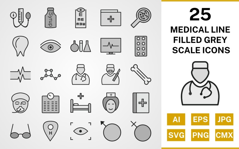 Download Набор иконок "25 Medical Line Filled Greyscale Icon Set" / 25 Medical Line Filled Greyscale Icon Set - Набор иконок на тему medical set,file,icon,icons,line,filled,vector,sign,symbol,pictogram,greyscale,medical,doctor,nurse,bed,scan,eye test,bp apparatus,bone,tablets