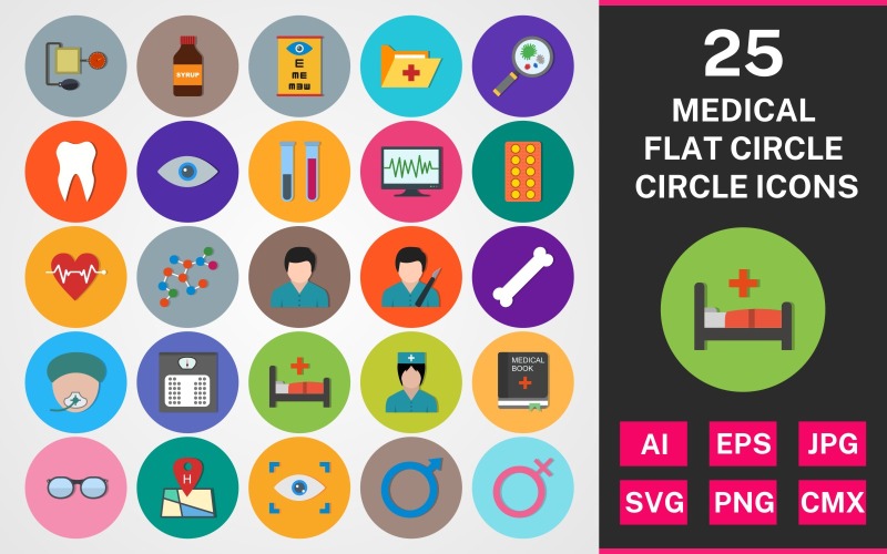 25 medicinsk platt cirkel ikonuppsättning
