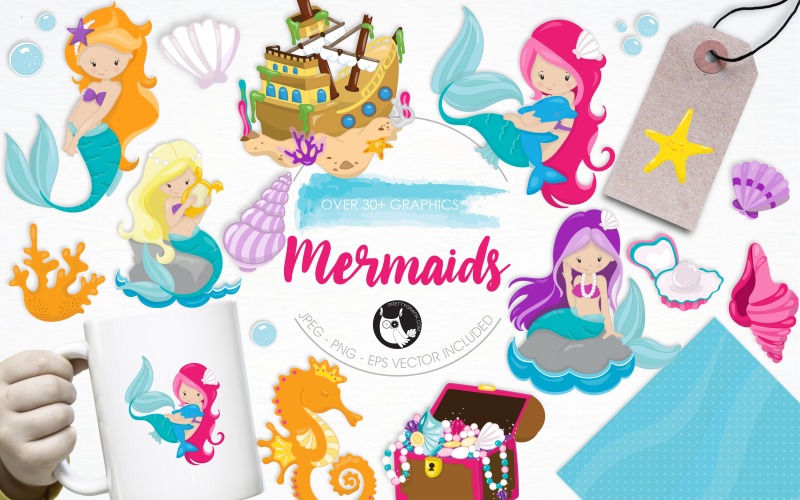 Download Vector "Mermaid Illustration Pack - Vector Image" / Mermaid Illustration Pack - Vector Image - Vector на тему графика illustration,vector,clipart,clip art,bubbles,icons,eps,starfish,mermaid,pearl,harp,seashells,dolphin,coral,shipwreck,clams,shells,treasure