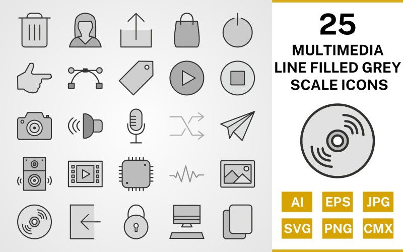 25 Multimedia Line Filled Gråskala Ikonuppsättning