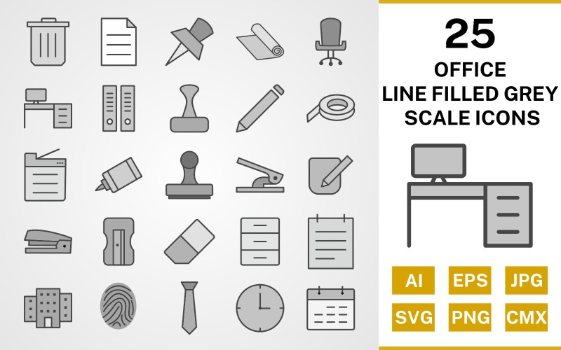 25 Office Line fylld gråskala Ikonuppsättning