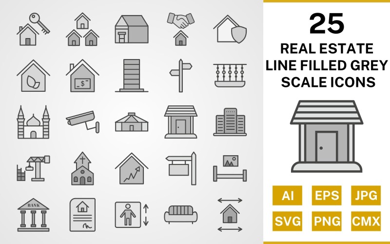 Download Набор иконок "25 Real Estate Line Filled Greyscale Icon Set" / 25 Real Estate Line Filled Greyscale Icon Set - Набор иконок на тему city set,file,icon,icons,line,filled,vector,sign,symbol,pictogram,greyscale,real estate,mosque,church,balcony,mansion,eco house,lift,yurt,bank