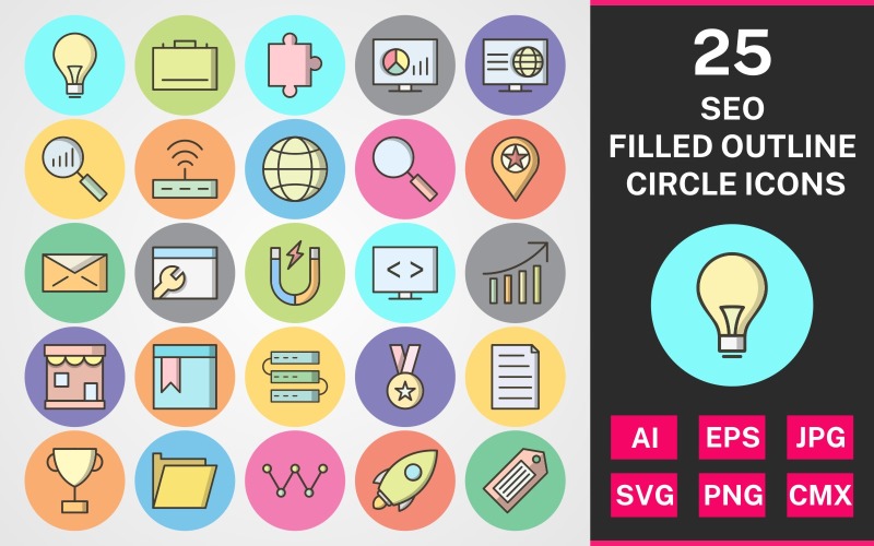 Download Набор иконок "25 Seo Filled Outline Circle Icon Set" / 25 Seo Filled Outline Circle Icon Set - Набор иконок на тему business set,file,icon,icons,round,corner,vector,sign,symbol,pictogram,line gradient,seo,bulb,search,web,launch,award,servers,webpage,folder