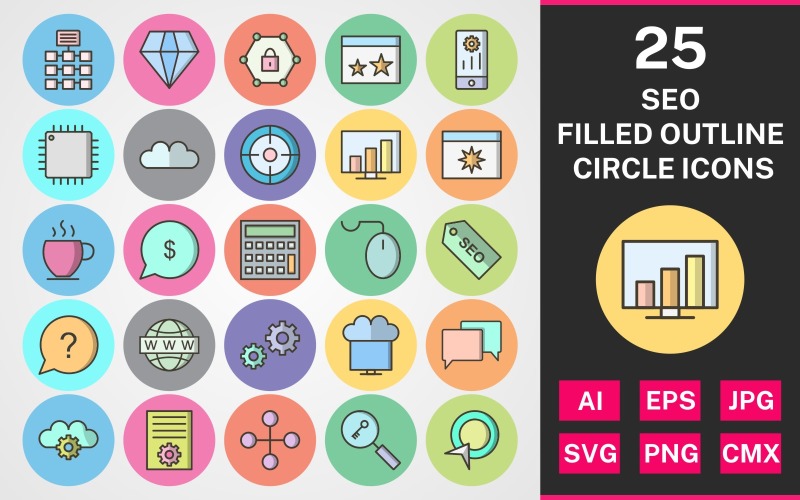 Download Набор иконок "25 Seo Filled Outline Circle Icon Set" / 25 Seo Filled Outline Circle Icon Set - Набор иконок на тему network set,file,icon,icons,round,corner,vector,sign,symbol,pictogram,line gradient,seo,network,settings,stats,diamond,conversation,starred,target,processor