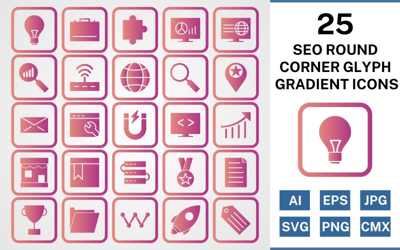 Download Набор иконок "25 Seo Round Corner Glyph Gradient Icon Set" / 25 Seo Round Corner Glyph Gradient Icon Set - Набор иконок на тему business set,file,icon,icons,round,corner,vector,sign,symbol,pictogram,line gradient,seo,bulb,search,web,launch,award,servers,webpage,folder