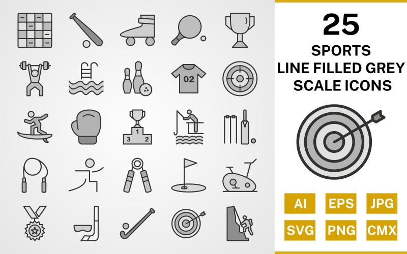 Download Набор иконок "25 Sports And Games Line Filled Greyscale Icon Set" / 25 Sports And Games Line Filled Greyscale Icon Set - Набор иконок на тему sports set,file,icon,icons,line,filled,vector,sign,symbol,pictogram,greyscale,sports,games,chess,goal,yoga,bowling,boxing,bullseye,hockey