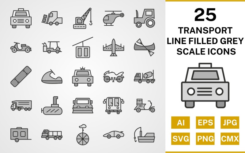 25 transportlijn gevuld grijswaarden icon set