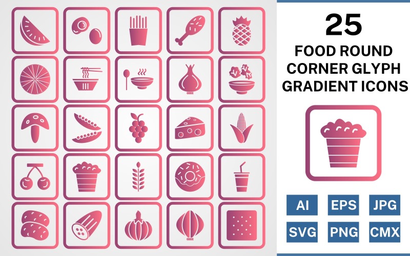 25 voedsel ronde hoek Glyph Gradient Icon Set