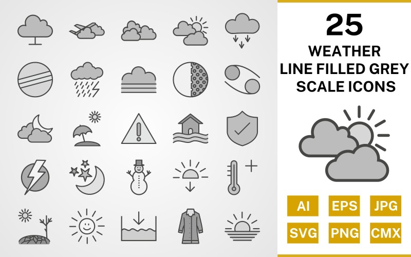Download Набор иконок "25 Weather Line Filled Greyscale Icon Set" / 25 Weather Line Filled Greyscale Icon Set - Набор иконок на тему weather set,file,icon,icons,line,filled,vector,sign,symbol,pictogram,greyscale,weather,cloudy,hot,sunset,sheild,fog,beach umbella,snowman,dark ray