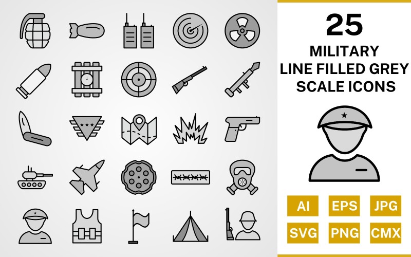 25 zestaw ikon w skali szarości wypełnionych wojskową linią
