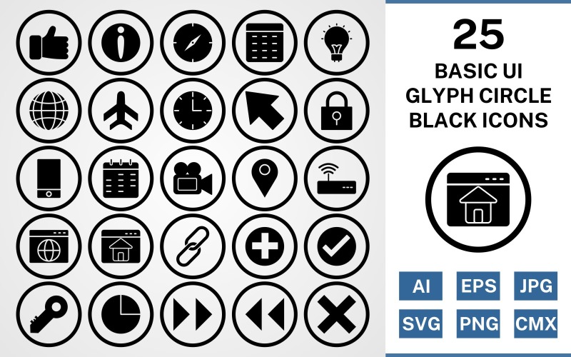 Download Набор иконок "25 Basic ui Glyph Circle Icon Set" / 25 Basic ui Glyph Circle Icon Set - Набор иконок на тему data set,file,icon,icons,square,linear,vector,sign,symbol,pictogram,corner,basic ui,browser,wifi,homepage,location,video,lock,cursor,globe