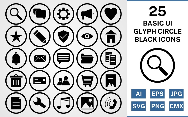 Download Набор иконок "25 Basic ui Glyph Circle Icon Set" / 25 Basic ui Glyph Circle Icon Set - Набор иконок на тему data set,file,icon,icons,square,linear,vector,sign,symbol,pictogram,corner,basic ui,find,cart,users,chat,picture,document,trash,inbox
