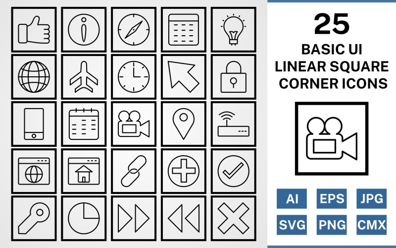 Download Набор иконок "25 Basic UI Linear Square Corner Pack Icon Set" / 25 Basic UI Linear Square Corner Pack Icon Set - Набор иконок на тему data set,file,icon,icons,square,linear,vector,sign,symbol,pictogram,corner,basic ui,browser,wifi,homepage,location,video,lock,cursor,globe