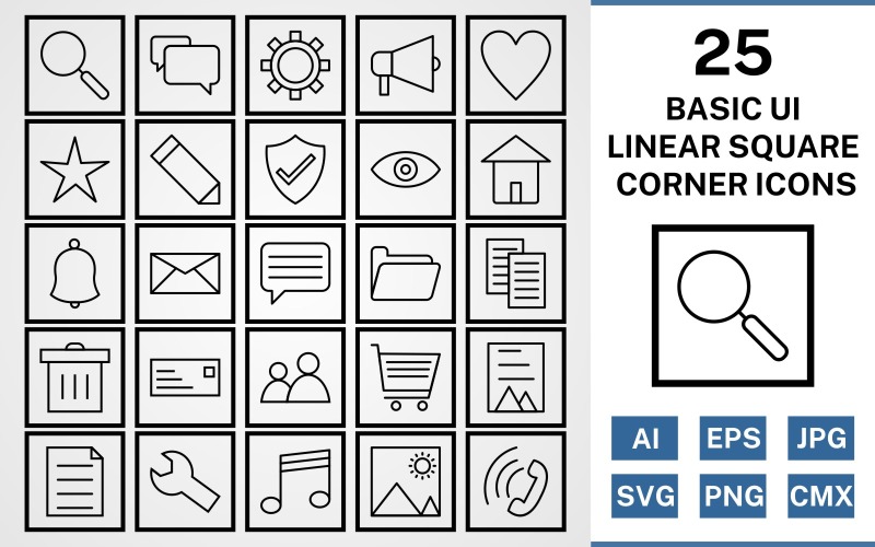 Download Набор иконок "25 Basic UI Linear Square Corner Pack Icon Set" / 25 Basic UI Linear Square Corner Pack Icon Set - Набор иконок на тему data set,file,icon,icons,square,linear,vector,sign,symbol,pictogram,corner,basic ui,find,cart,users,chat,picture,document,trash,inbox
