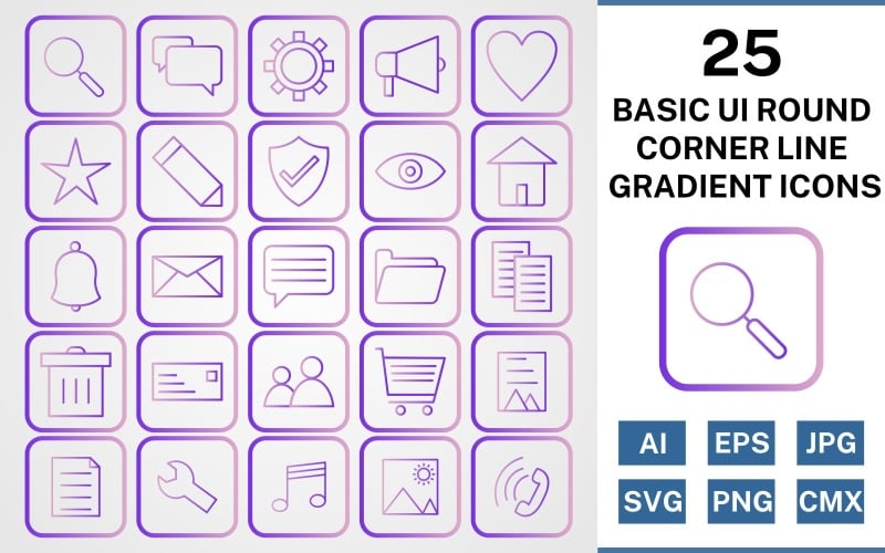 Download Набор иконок "25 Basic ui Round Corner Line Gradient Icon Set" / 25 Basic ui Round Corner Line Gradient Icon Set - Набор иконок на тему data set,file,icon,icons,round,corner,vector,sign,symbol,pictogram,line gradient,basic ui,find,cart,users,chat,picture,document,trash,inbox