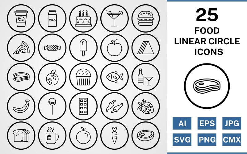 Conjunto de iconos de círculo lineal de 25 alimentos