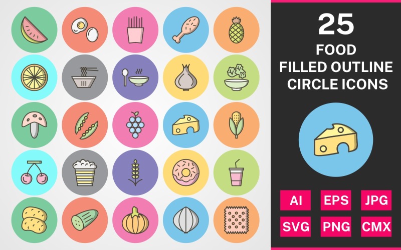 Download Набор иконок "25 Food Filled Outline Circle Icon Set" / 25 Food Filled Outline Circle Icon Set - Набор иконок на тему food set,file,icon,icons,round,corner,vector,sign,symbol,pictogram,line gradient,food,watermelon,salad,grapes,soup,egg,biscuit,frenchfries,cheese