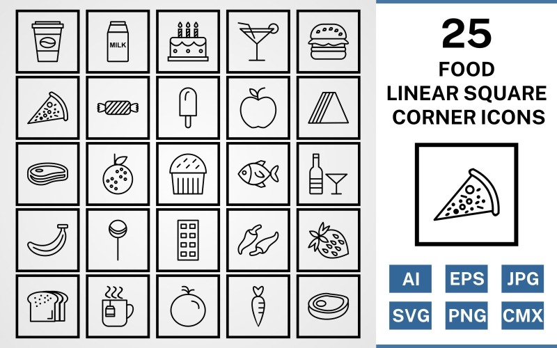 Download Набор иконок "25 Food Linear Square Corner Pack Icon Set" / 25 Food Linear Square Corner Pack Icon Set - Набор иконок на тему food set,file,icon,icons,square,linear,vector,sign,symbol,pictogram,corner,food,coffee,milk,snack,carrot,steak,orange,pizza,cake