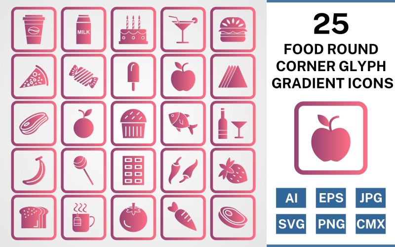 Download Набор иконок "25 Food Round Corner Glyph Gradient Icon Set" / 25 Food Round Corner Glyph Gradient Icon Set - Набор иконок на тему food set,file,icon,icons,round,corner,vector,sign,symbol,pictogram,line gradient,food,coffee,milk,snack,carrot,steak,orange,pizza,cake
