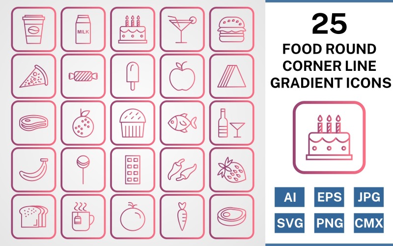 Download Набор иконок "25 Food Round Corner Line Gradient Icon Set" / 25 Food Round Corner Line Gradient Icon Set - Набор иконок на тему food set,file,icon,icons,round,corner,vector,sign,symbol,pictogram,line gradient,food,coffee,milk,snack,carrot,steak,orange,pizza,cake