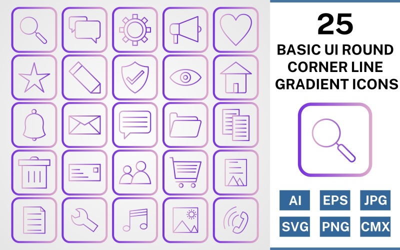 25 Jeu d'icônes de dégradé de ligne de coin rond de l'interface utilisateur de base