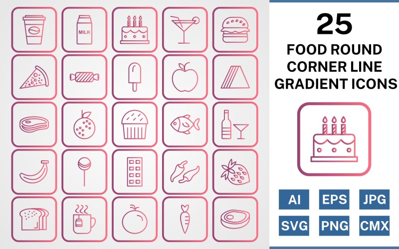 25 mat runda hörn linje tonad ikonuppsättning