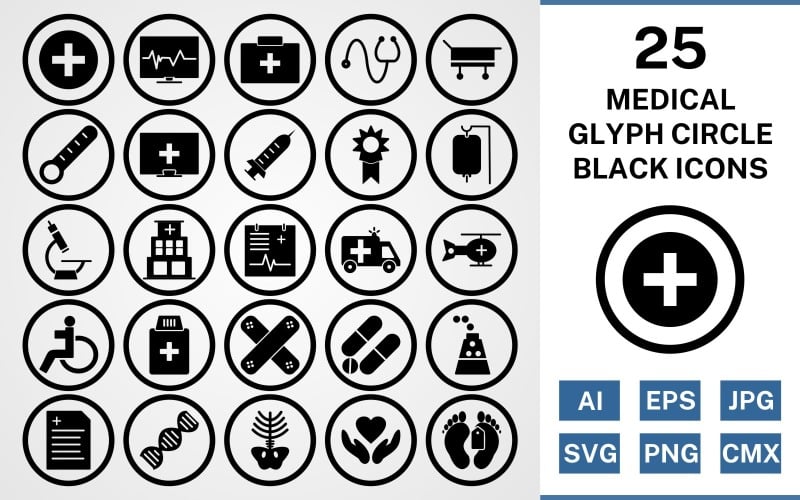 Download Набор иконок "25 Medical Glyph Circle Icon Set" / 25 Medical Glyph Circle Icon Set - Набор иконок на тему medical set,file,icon,icons,square,linear,vector,sign,symbol,pictogram,corner,medical,drip,xray,dna,report,toe tag,medicines,hospital,injection
