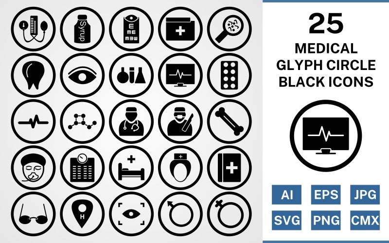 Download Набор иконок "25 Medical Glyph Circle Icon Set" / 25 Medical Glyph Circle Icon Set - Набор иконок на тему medical set,file,icon,icons,square,linear,vector,sign,symbol,pictogram,corner,medical,doctor,nurse,bed,scan,eye test,bp apparatus,bone,tablets