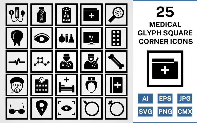 Download Набор иконок "25 Medical Glyph Square Corner Pack Icon Set" / 25 Medical Glyph Square Corner Pack Icon Set - Набор иконок на тему medical set,file,icon,icons,square,linear,vector,sign,symbol,pictogram,corner,medical,doctor,nurse,bed,scan,eye test,bp apparatus,bone,tablets
