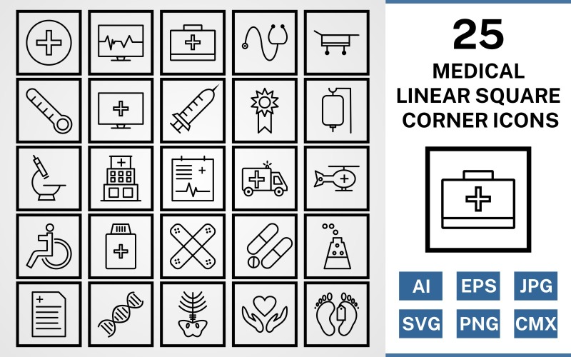 Download Набор иконок "25 Medical Linear Square Corner Pack Icon Set" / 25 Medical Linear Square Corner Pack Icon Set - Набор иконок на тему medical set,file,icon,icons,square,linear,vector,sign,symbol,pictogram,corner,medical,drip,xray,dna,report,toe tag,medicines,hospital,injection