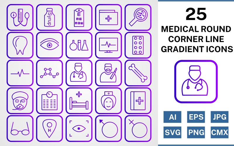 Download Набор иконок "25 Medical Round Corner Line Gradient Icon Set" / 25 Medical Round Corner Line Gradient Icon Set - Набор иконок на тему medical set,file,icon,icons,round,corner,vector,sign,symbol,pictogram,line gradient,medical,doctor,nurse,bed,scan,eye test,bp apparatus,bone,tablets