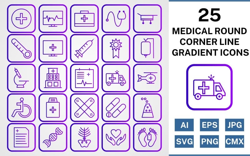 Download Набор иконок "25 Medical Round Corner Line Gradient Icon Set" / 25 Medical Round Corner Line Gradient Icon Set - Набор иконок на тему medical set,file,icon,icons,round,corner,vector,sign,symbol,pictogram,line gradient,medical,drip,xray,dna,report,toe tag,medicines,hospital,injection