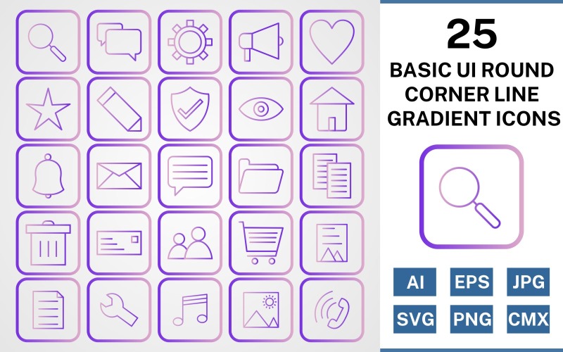 Набор иконок 25 Basic ui Round Corner Line Gradient Icon Set