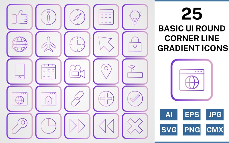 Набор иконок 25 Basic ui Round Corner Line Gradient Icon Set