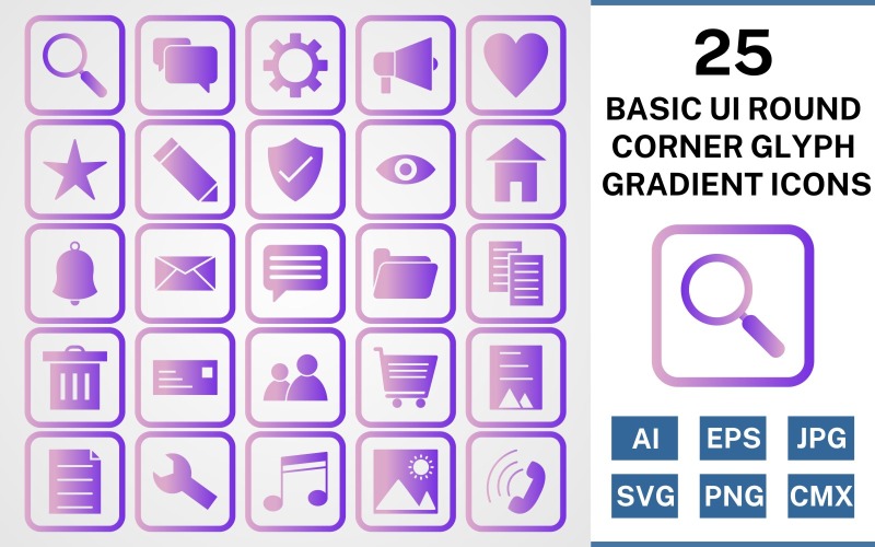 25 Podstawowy zestaw ikon gradientu glifów okrągłych narożników ui