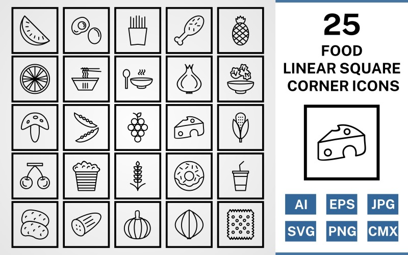 Sada ikon 25 potravin lineární čtvercový rohový balíček
