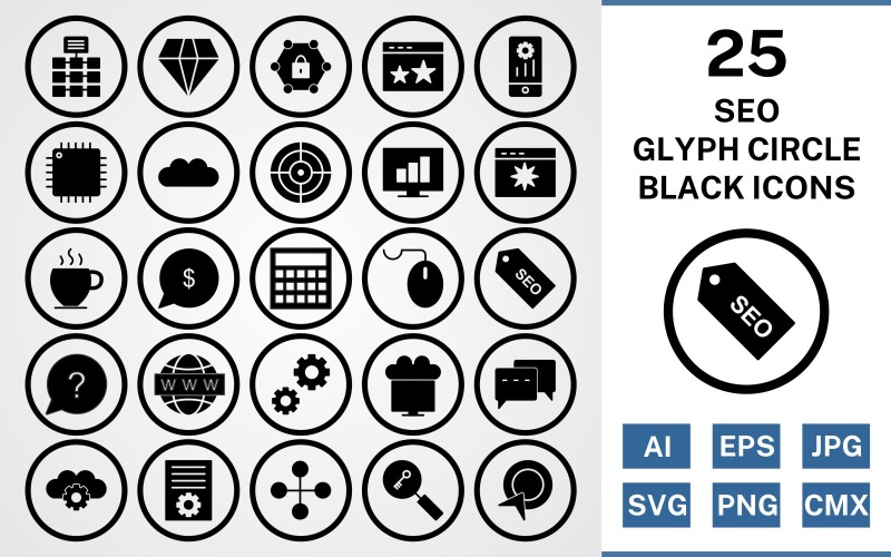 Download Набор иконок "25 Seo Glyph Circle Icon Set" / 25 Seo Glyph Circle Icon Set - Набор иконок на тему network set,file,icon,icons,square,linear,vector,sign,symbol,pictogram,corner,seo,network,settings,stats,diamond,conversation,starred,target,processor