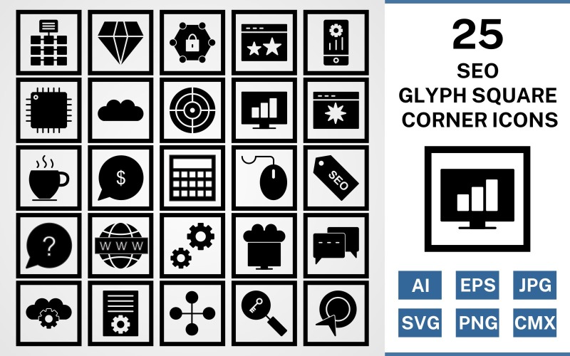 Download Набор иконок "25 Seo Glyph Square Corner Pack Icon Set" / 25 Seo Glyph Square Corner Pack Icon Set - Набор иконок на тему network set,file,icon,icons,square,linear,vector,sign,symbol,pictogram,corner,seo,network,settings,stats,diamond,conversation,starred,target,processor