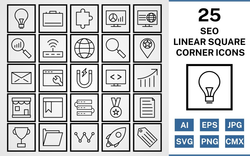 25 Seo lineaire vierkante hoek Pack Icon Set