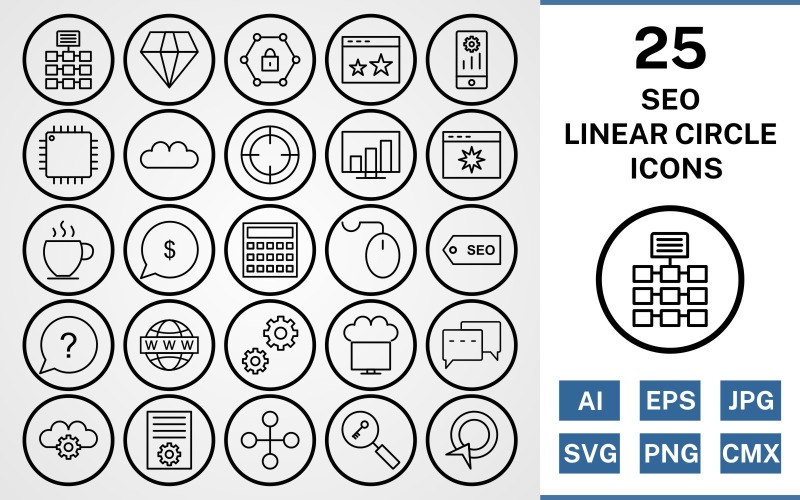 Download Набор иконок "25 Seo Linear Circle Icon Set" / 25 Seo Linear Circle Icon Set - Набор иконок на тему network set,file,icon,icons,square,linear,vector,sign,symbol,pictogram,corner,seo,network,settings,stats,diamond,conversation,starred,target,processor