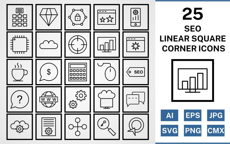 Download Набор иконок "25 Seo Linear Square Corner Pack Icon Set" / 25 Seo Linear Square Corner Pack Icon Set - Набор иконок на тему network set,file,icon,icons,square,linear,vector,sign,symbol,pictogram,corner,seo,network,settings,stats,diamond,conversation,starred,target,processor